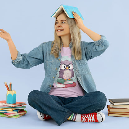 Cute purple owl with glasses sitting on stacked books, with quote "Teach. Inspire. Repeat." – printed on a teacher t-shirt