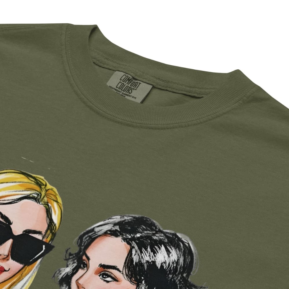Olive green t-shirt with illustrations of two women's faces and 'Comfort Colors' label.