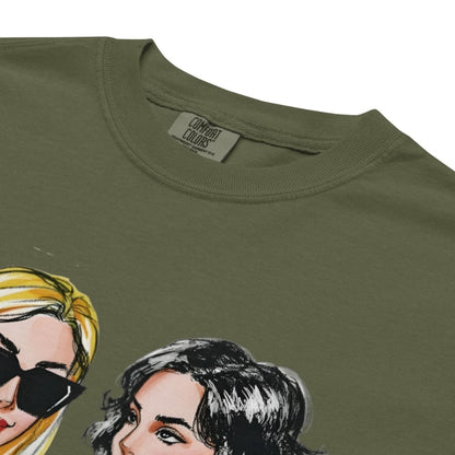 Olive green t-shirt with illustrations of two women's faces and 'Comfort Colors' label.