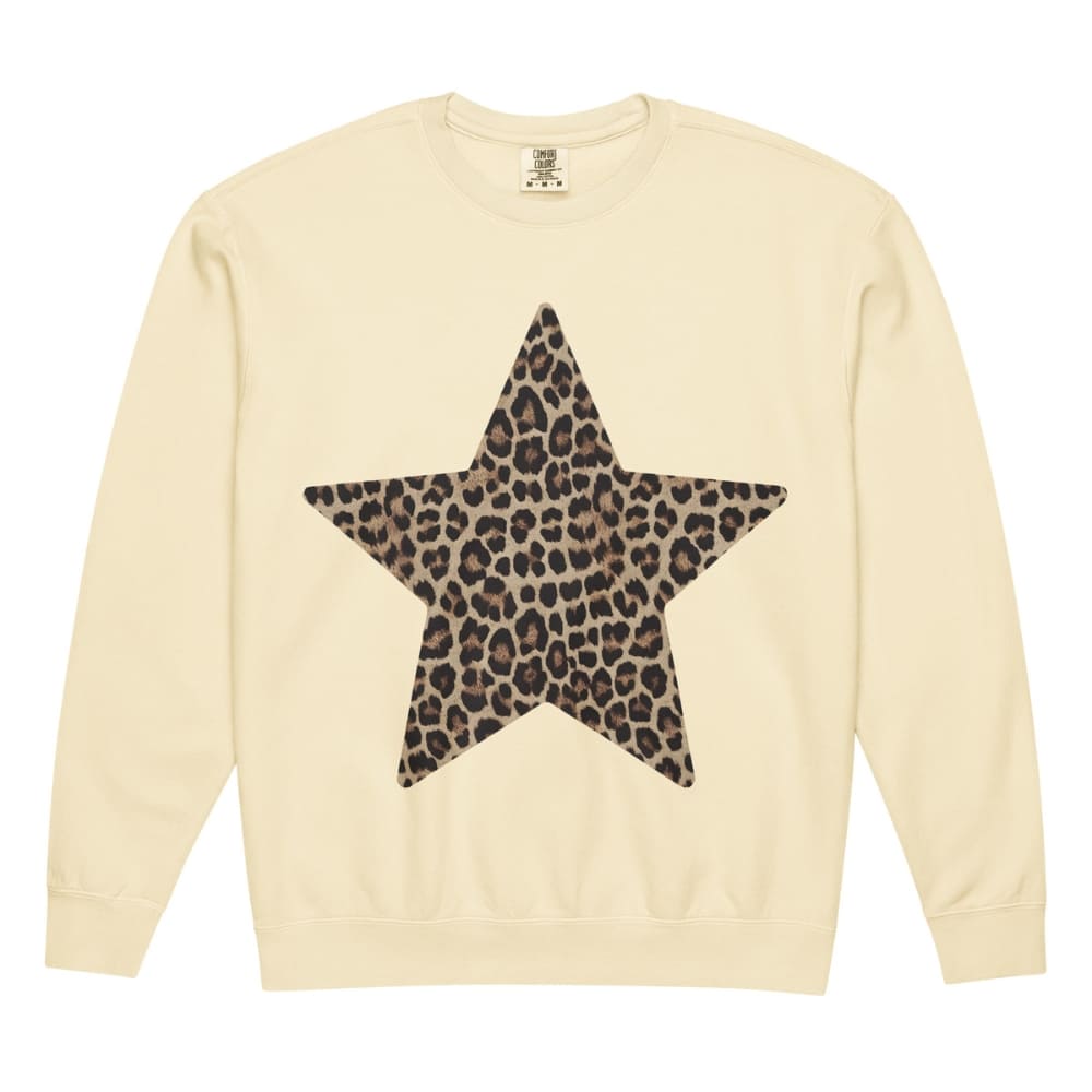 Beige sweatshirt with a leopard print star design on a white background