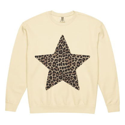 Beige sweatshirt with a leopard print star design on a white background