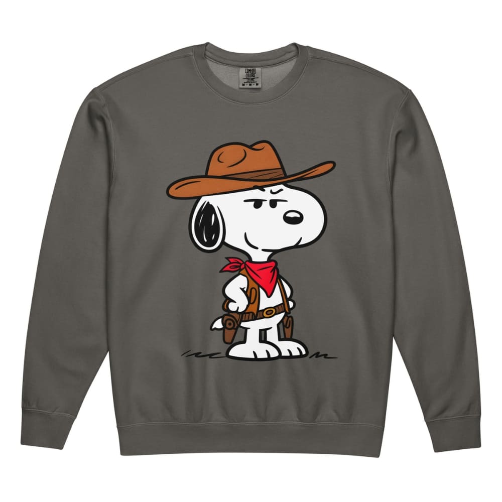 Gray sweatshirt with a cartoon character wearing a cowboy hat and bandana on a white background