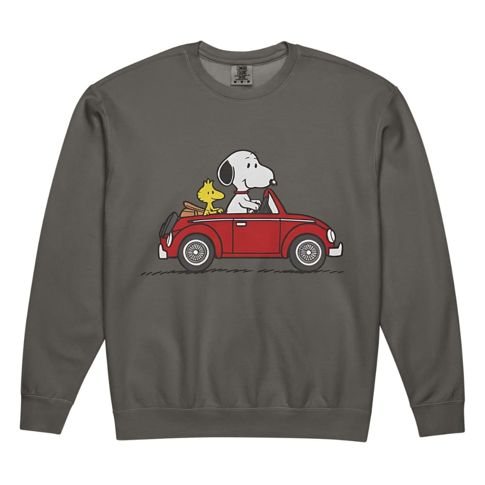 Gray sweatshirt with a graphic of Snoopy and Woodstock in a red car on a white background