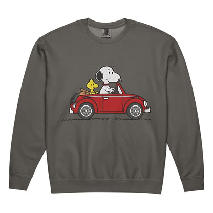 Gray sweatshirt with a graphic of Snoopy and Woodstock in a red car on a white background