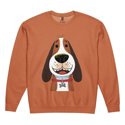 Orange sweatshirt with a cartoon dog design on a white background