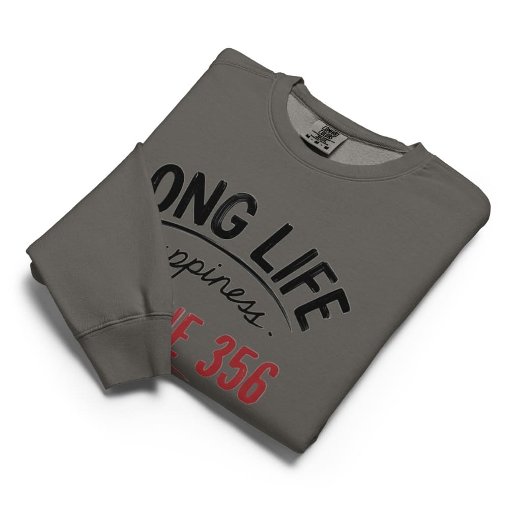 Folded gray sweatshirt with text on a white background