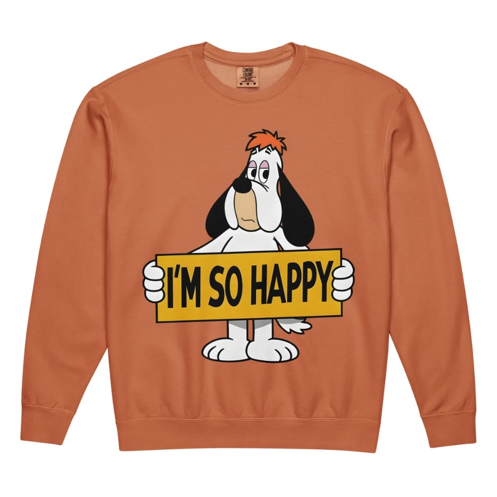 Orange sweatshirt with cartoon dog holding 'I'm So Happy' sign on a white background