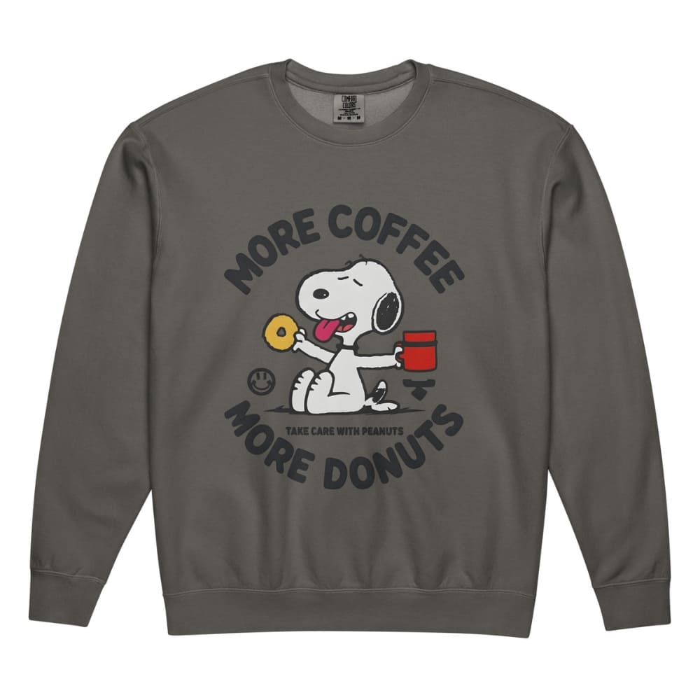 Gray sweatshirt with a cartoon dog holding coffee and donuts and text 'More Coffee, More Donuts' on a white background.