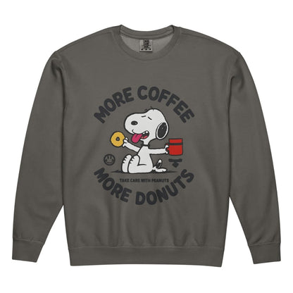 Gray sweatshirt with a cartoon dog holding coffee and donuts and text 'More Coffee, More Donuts' on a white background.