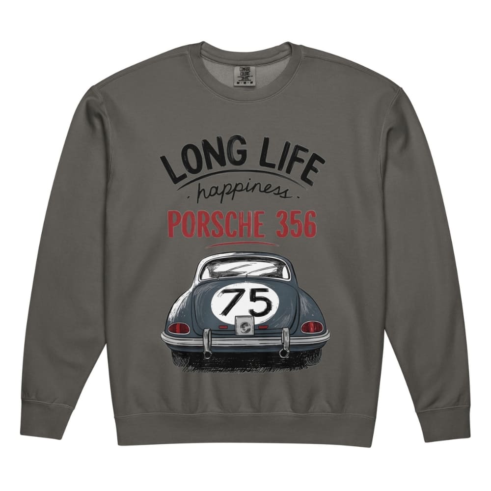 Gray sweatshirt with Porsche 356 design and text on a white background