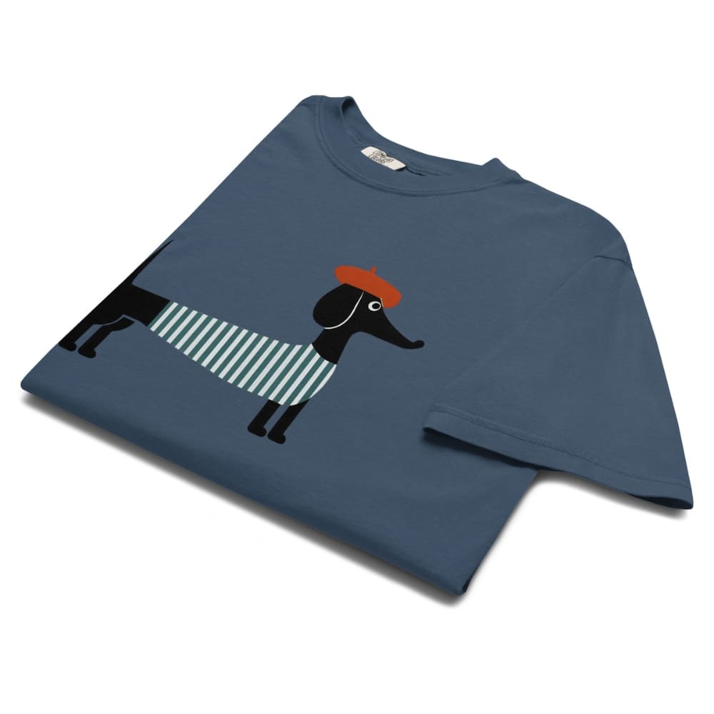 Midnight blue t-shirt with a dachshund graphic on a white background
