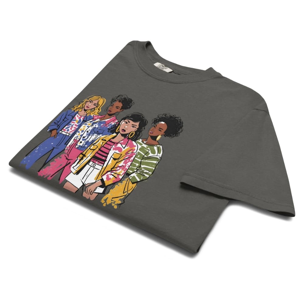 Gray t-shirt with colorful graphic of four women on a white background