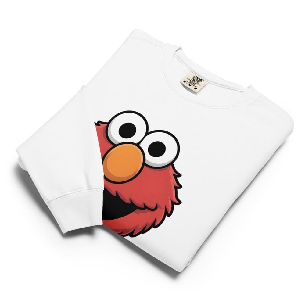 White sweatshirt with a cartoon character design on a white background
