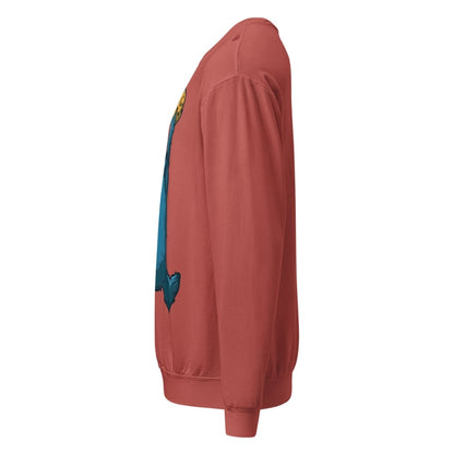 Red sweatshirt with colorful designs on a white background