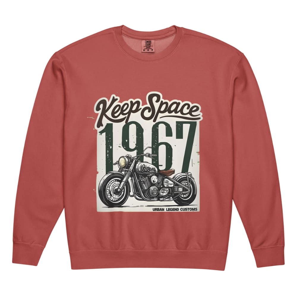 Red sweatshirt with motorcycle graphic and 'Keep Space 1967' text on a white background