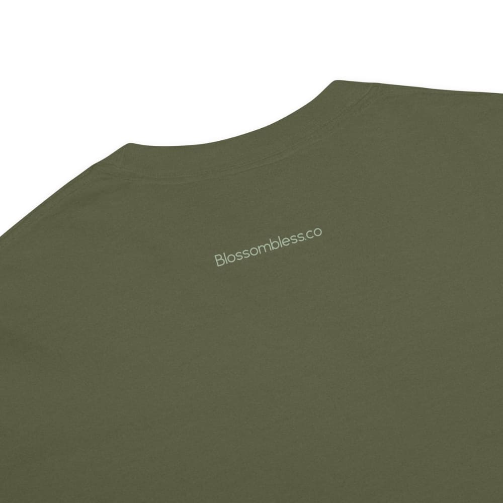 Close-up of a olive green t-shirt on a white background