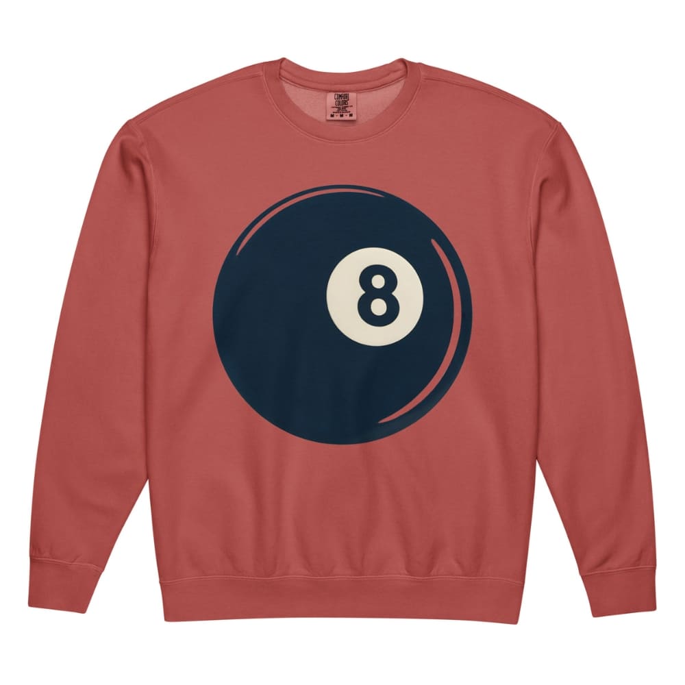 Red sweatshirt with a black and white eight-ball design on a white background