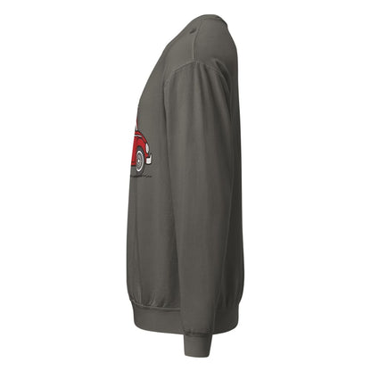 Gray sweatshirt with a logo on the sleeve against a white background