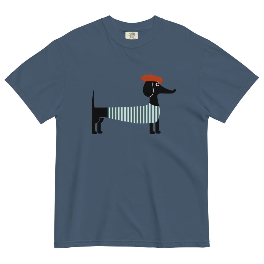 Midnight blue t-shirt with a dachshund wearing a sweater graphic on a white background
