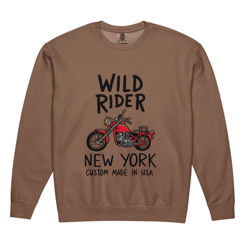 Brown sweatshirt with 'Wild Rider New York' text and motorcycle graphic on a white background