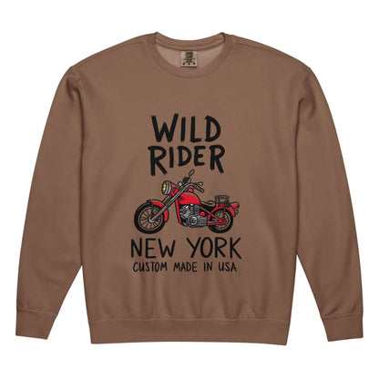 Brown sweatshirt with 'Wild Rider New York' text and motorcycle graphic on a white background