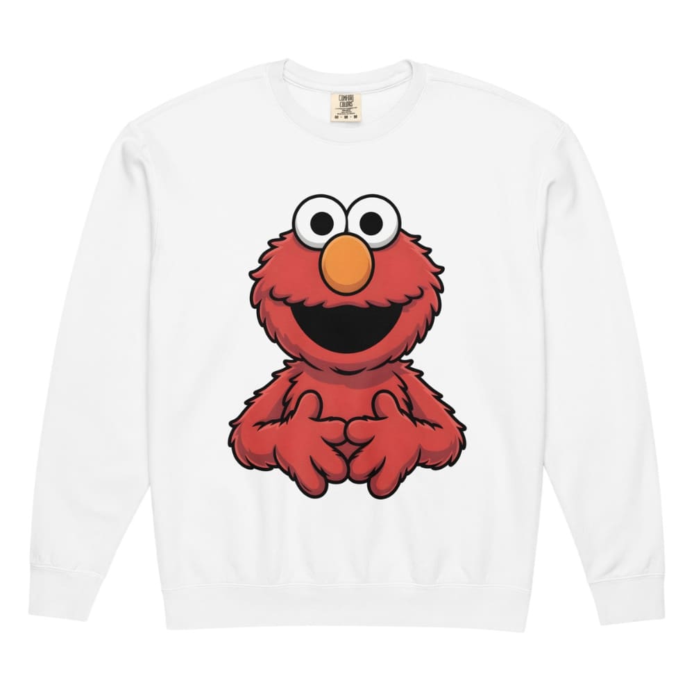 White long-sleeve shirt with a red character design on a white background