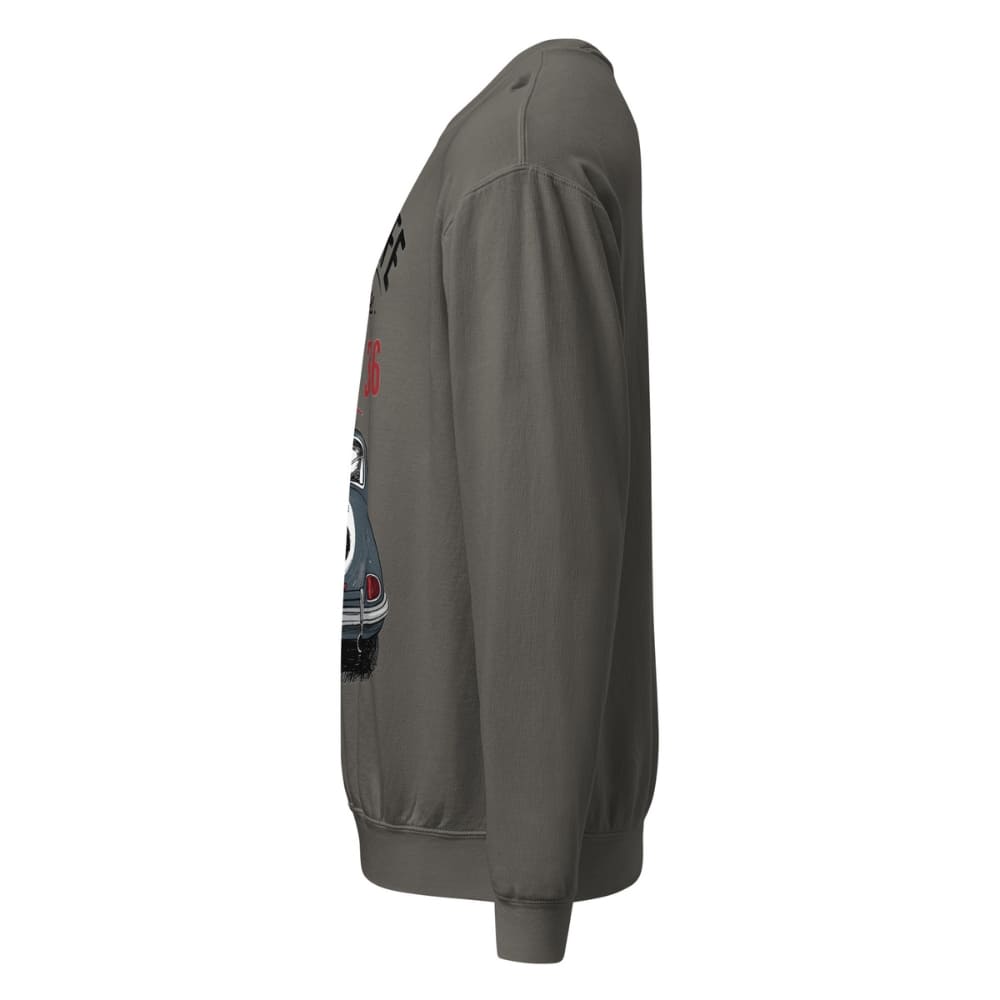 Gray sweatshirt with a logo on the sleeve against a white background