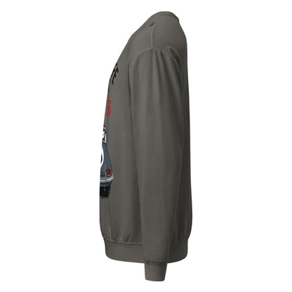 Gray sweatshirt with a logo on the sleeve against a white background