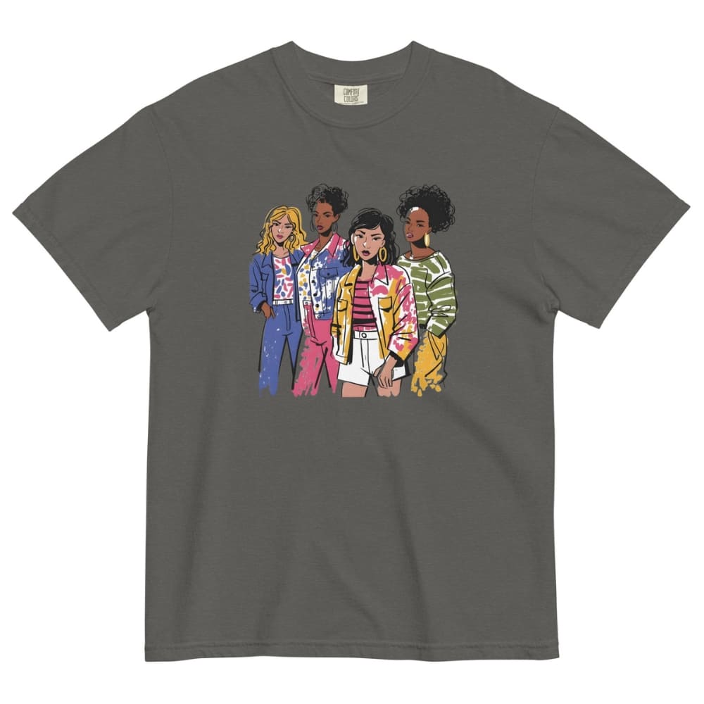Gray t-shirt with a graphic of four women in colorful outfits on a white background