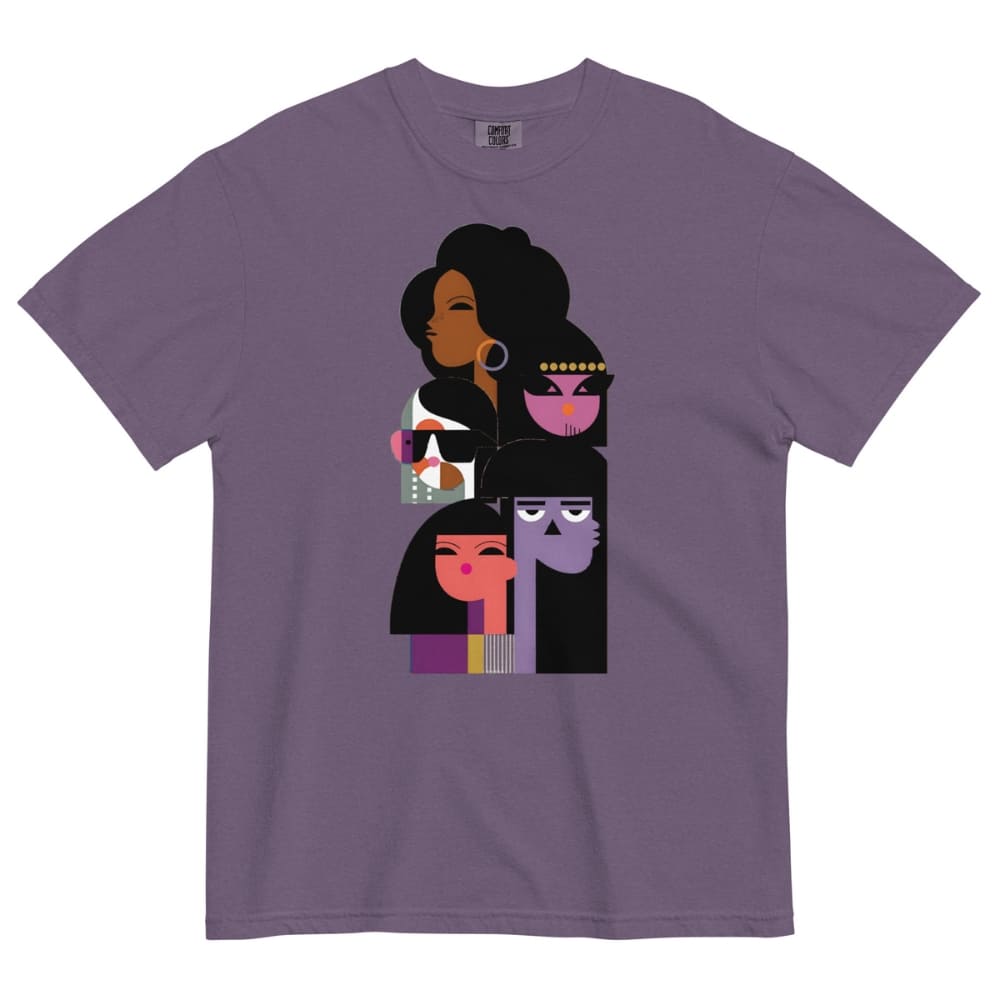 Purple t-shirt with graphic design of four stylized women on a white background