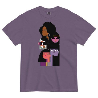Purple t-shirt with graphic design of four stylized women on a white background