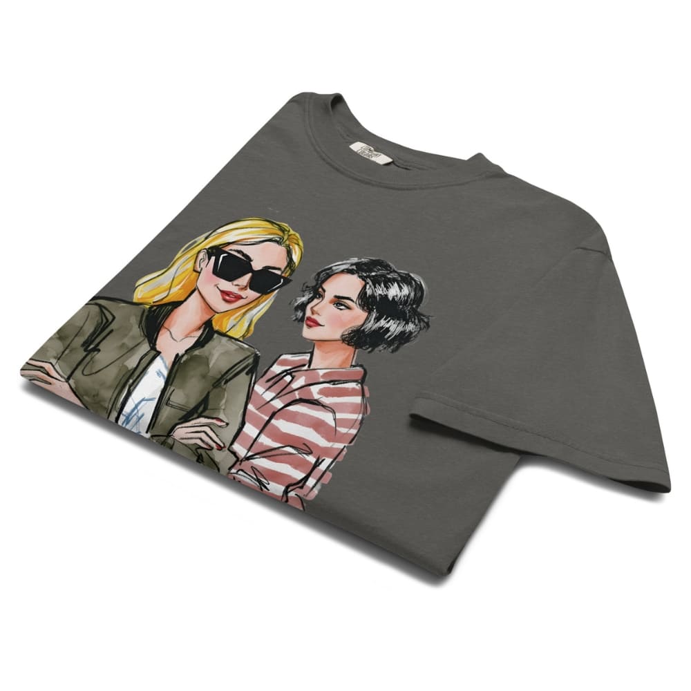 Gray t-shirt with illustrations of two women on a white background