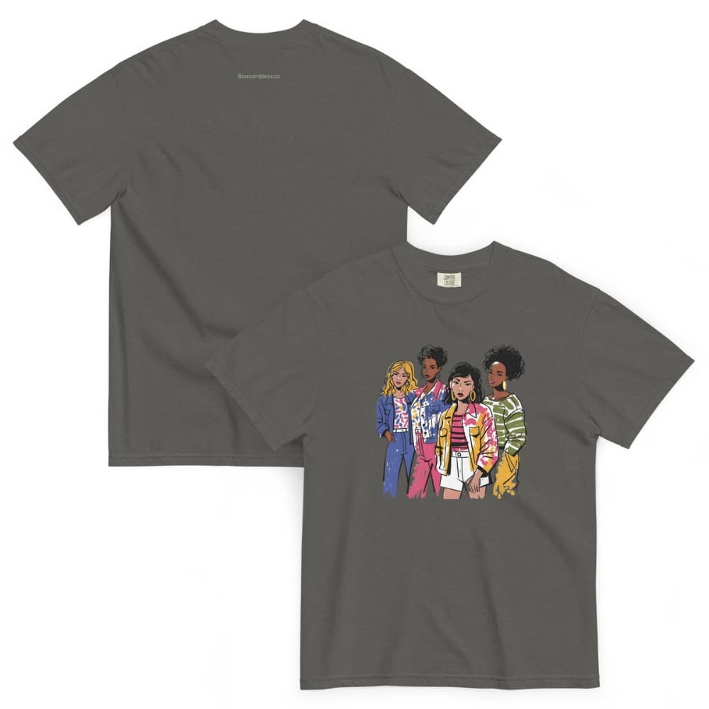 Gray t-shirt with colorful graphic of four people on a white background