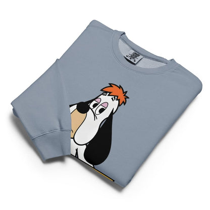 Folded blue sweatshirt with cartoon character design on a white background