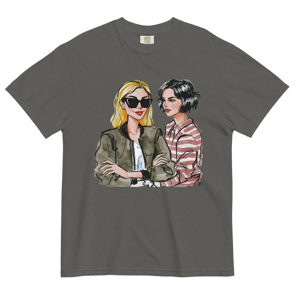 Gray t-shirt with illustrations of two women on a white background