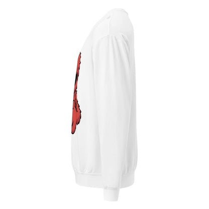 White sweatshirt with red graphic on the sleeve against a white background