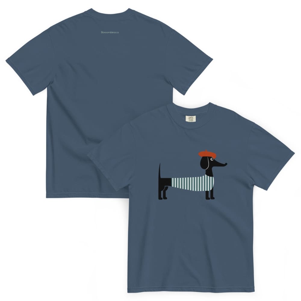 Midnight blue t-shirt with a dachshund graphic on a white background