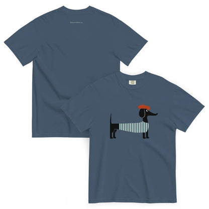 Midnight blue t-shirt with a dachshund graphic on a white background