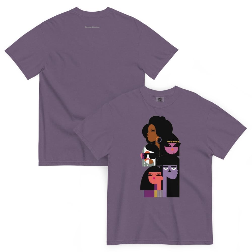 Purple t-shirt with a graphic design of a woman and two children on a white background