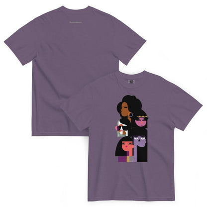 Purple t-shirt with a graphic design of a woman and two children on a white background