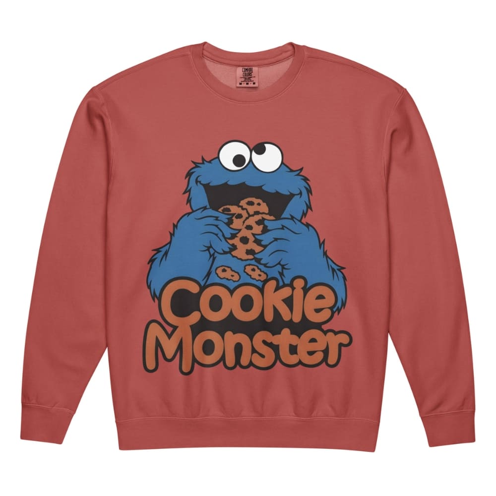 Red sweatshirt with Cookie Monster graphic on a white background