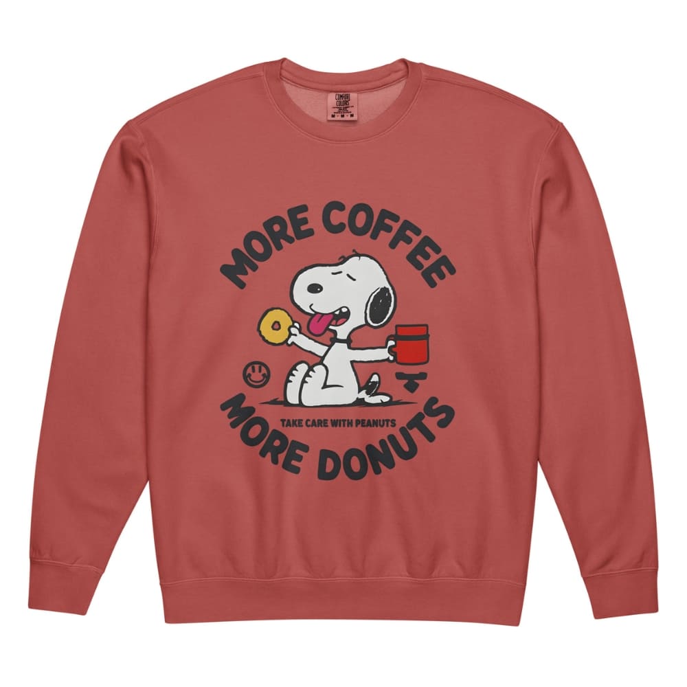 Red sweatshirt with a cartoon dog holding coffee and a donut, text 'More Coffee, More Donuts' on a white background.