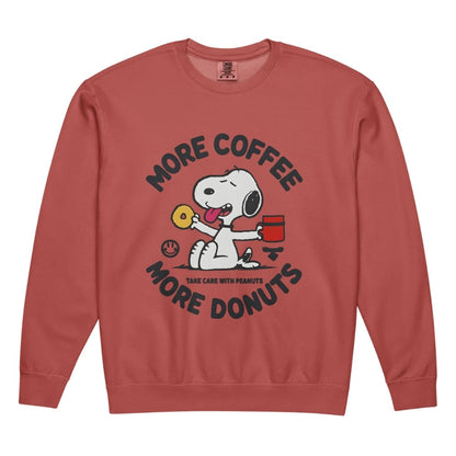 Red sweatshirt with a cartoon dog holding coffee and a donut, text 'More Coffee, More Donuts' on a white background.