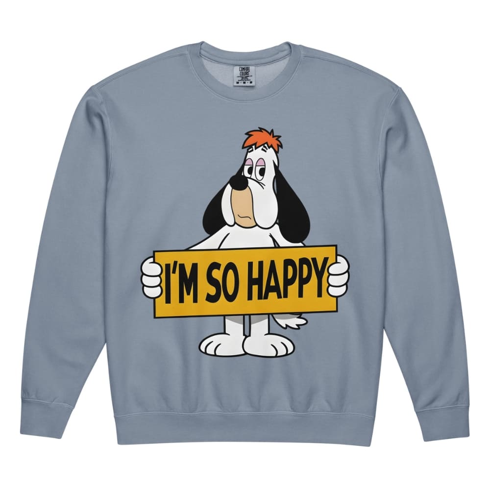 Blue sweatshirt with cartoon character holding 'I'm So Happy' sign on a white background