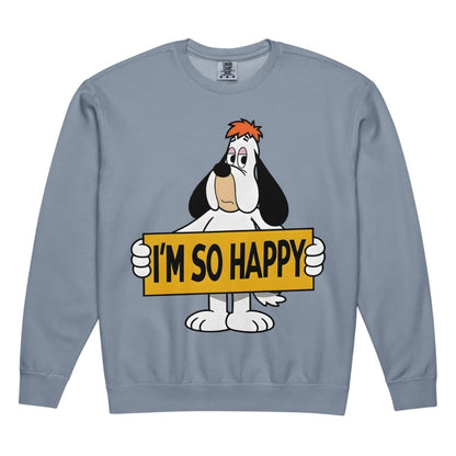 Blue sweatshirt with cartoon character holding 'I'm So Happy' sign on a white background
