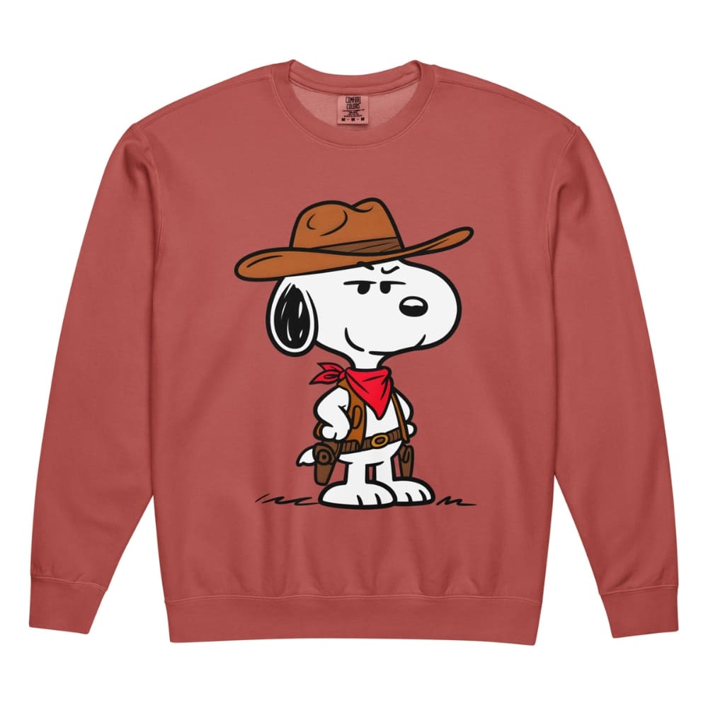 Red sweatshirt with a cartoon character wearing a cowboy hat and boots on a white background