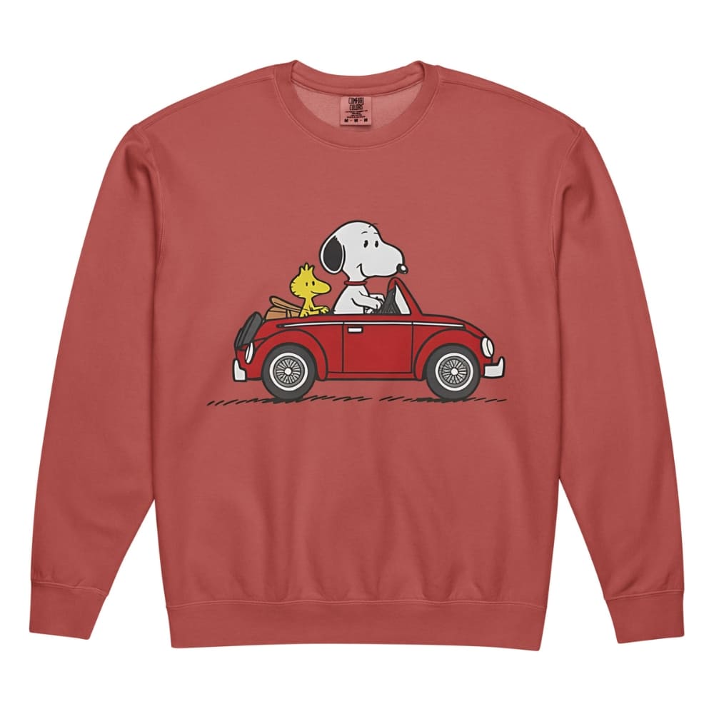 Red sweatshirt with cartoon characters driving a car on a white background
