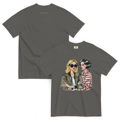 Gray t-shirt with graphic of two women on a white background
