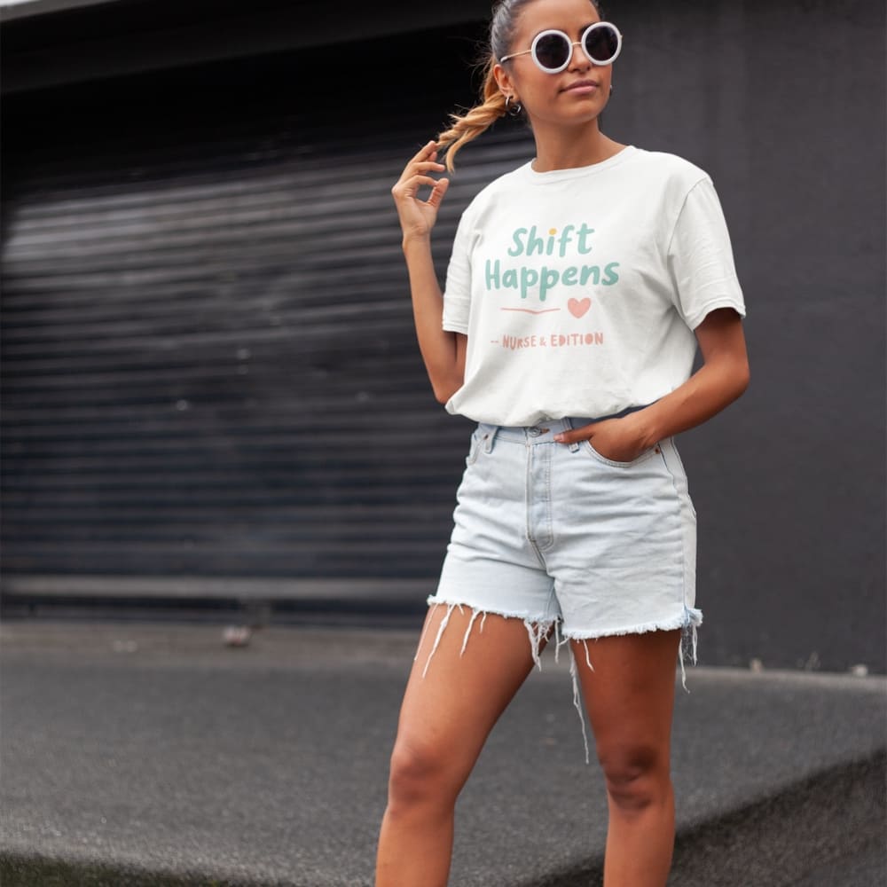 “Shift Happens – Nurse Edition” pastel text design printed on a thick garment-dyed cotton t-shirt, perfect for nurses and healthcare professionals with a sense of humor.