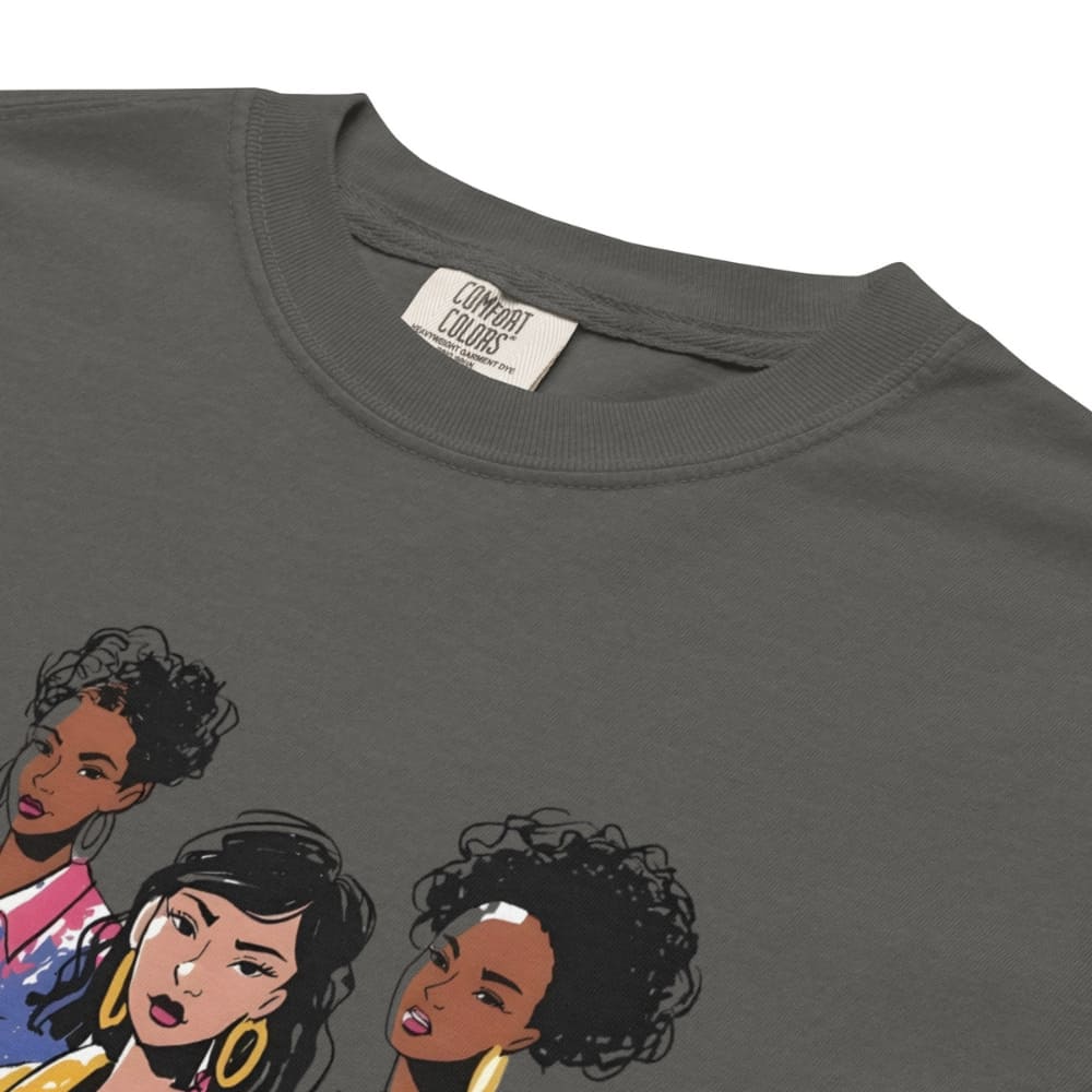 Gray t-shirt with illustrations of three women on a white background